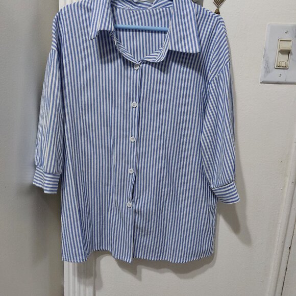 Elegant Striped Print Drop Shoulder Collar Top Blue & White Vertical Stripes TOP - Picture 1 of 11